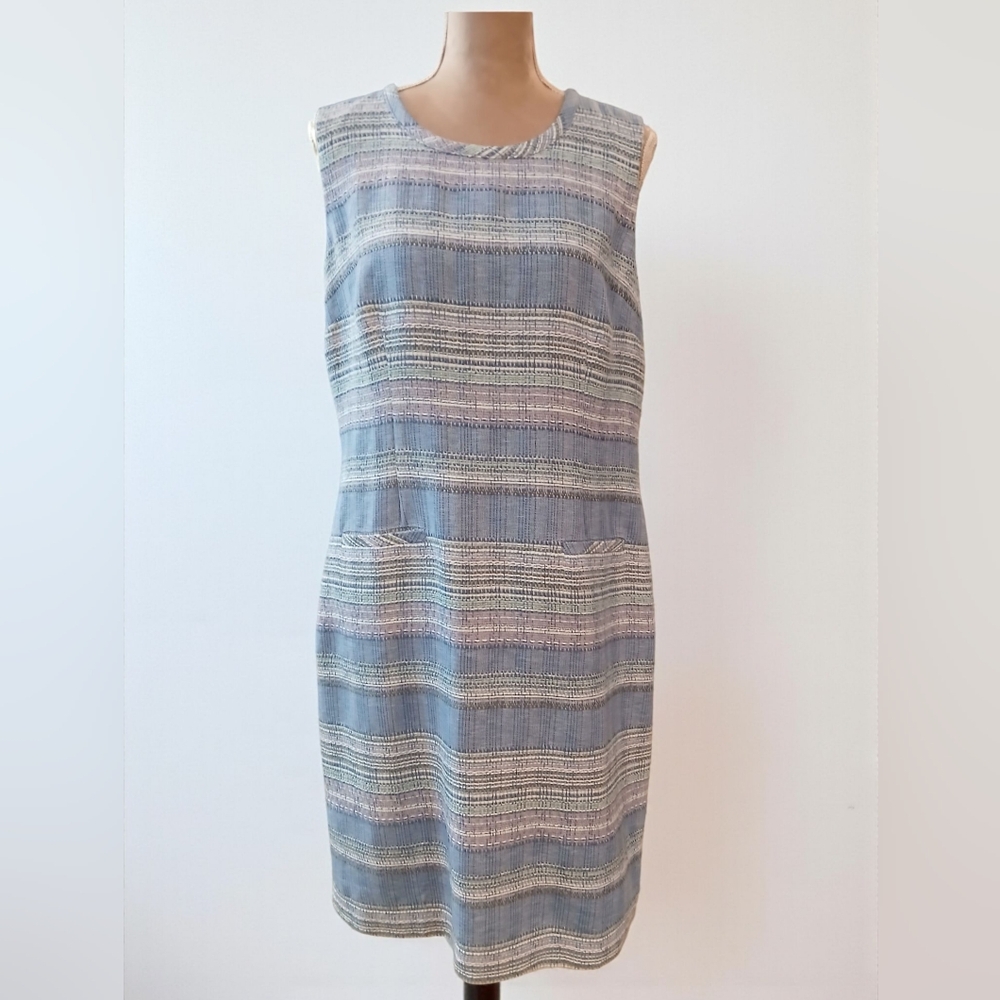 Talbots Shift Textured Dress Sleeveless Blue White Classic Mature Formal 14